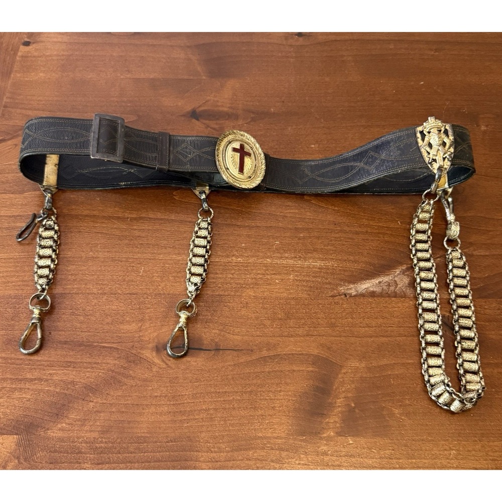 VTG Knights Templar Masonic Sword Belt Leather Metal Buckle Chains Lilley Co 39"